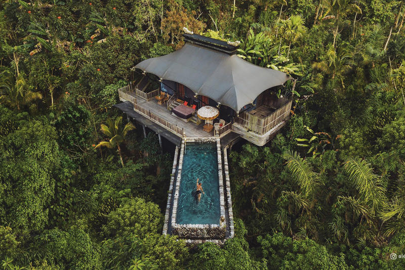 1. Raffles Bali hotel, 2. Potato Head Suites and Studios hotel, 3. Capella Ubud hotel, 4. Puri Dajuma Terrace Eco-lodge hotel, 5. Bambu Indah hotel, 6. Nirjhara hotel, 7. Hotel Tugu Bali, 8. Beach Villas at The Menjangan hotel, 9. Amandari hotel, 10. COMO Shambhala Estate hotel