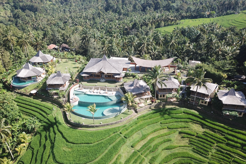 1. Raffles Bali hotel, 2. Potato Head Suites and Studios hotel, 3. Capella Ubud hotel, 4. Puri Dajuma Terrace Eco-lodge hotel, 5. Bambu Indah hotel, 6. Nirjhara hotel, 7. Hotel Tugu Bali, 8. Beach Villas at The Menjangan hotel, 9. Amandari hotel, 10. COMO Shambhala Estate hotel