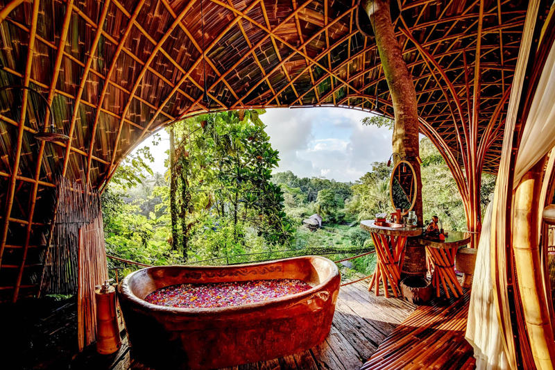 1. Raffles Bali hotel, 2. Potato Head Suites and Studios hotel, 3. Capella Ubud hotel, 4. Puri Dajuma Terrace Eco-lodge hotel, 5. Bambu Indah hotel, 6. Nirjhara hotel, 7. Hotel Tugu Bali, 8. Beach Villas at The Menjangan hotel, 9. Amandari hotel, 10. COMO Shambhala Estate hotel