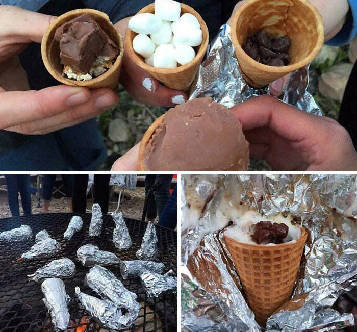 #7 Use A Spoon To Anchor Your Strainer, #15 Good Knowledge, #19 Look At This, #21 For Easy-To-Eat S'mores, Try Making Them In Ice Cream Cones, #23 Empty Ketchup Bottles Make Excellent Batter Holders And Dispensers, #27 Try The Lemon Method Under The Salmon To Avoid Burning Your Fish, #29 Don't Want To Mess Up 10 Bowls For Tacos? Use Muffin Tins!