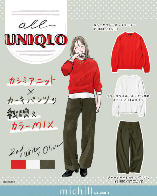 ユニクロの赤系アイテムで魅せる♡ALL UNIQLOの秋冬カラーコーデ7選, ワインカラー×黒ブルゾンでつくる大人の洗練カジュアル, 赤ニットを肩掛けしてつくるトリコロールコーデ, 赤タートルが映える淡色ワントーンコーデ, ワインカーディガン×ベージュパンツの上品ニュアンスコーデ, ワイン×ブラックでつくる大人のきれいめスウェットコーデ, 赤カシミヤ×カーキパンツのカラーミックスコーデ, 赤ポロセーター×ネイビーパンツのトラッドコーデ