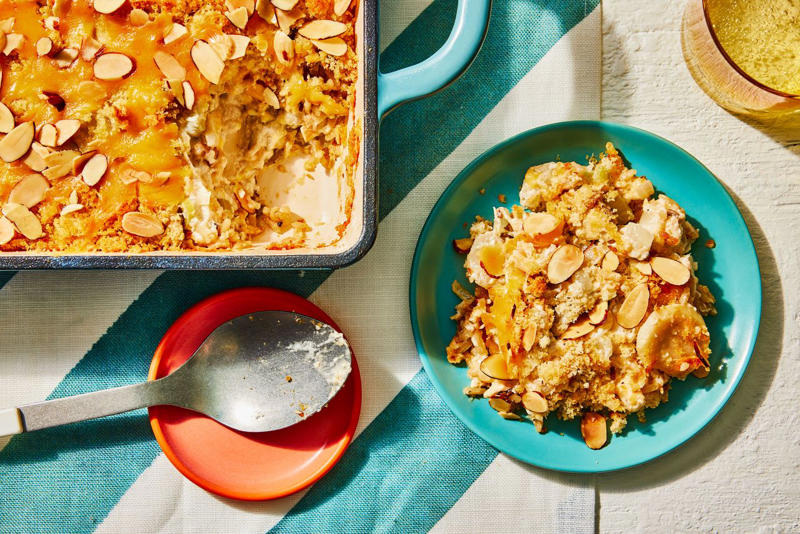 Chicken-And-Rice Bake With Broccolini, Chicken-And-Biscuit Casserole, BLT Pain Perdu Casserole, Macaroni Corn Casserole, Hashbrown Casserole, Old-Fashioned Chicken Pot Pie, Pineapple Casserole, New-School Pineapple Casserole, Ham And Noodle Casserole, Layered Squash Casserole, Hot Chicken Salad, Mini Cheese Grits Casseroles, Stuffed Ham-And-Cheese Croissant Casserole, Shrimp And Grits Casserole, Baked Ziti With Summer Vegetables, Poppy Seed Chicken, Chicken-And-Wild Rice Casserole, Chocolate Cobbler, Cakey Strawberry Cobbler, Pumpkin Crisp, Asparagus Casserole, Roasted Tomato Macaroni And Cheese, Pasta-Chicken-Broccoli Bake, Eggplant Rollups, Loaded Cauliflower Casserole, Everything Bagel Casserole, Old-Fashioned Apple And Cheese Casserole, Mushroom And Thyme Chicken-Broccoli Casserole, Cheesy Chicken Casserole, Meatball Casserole