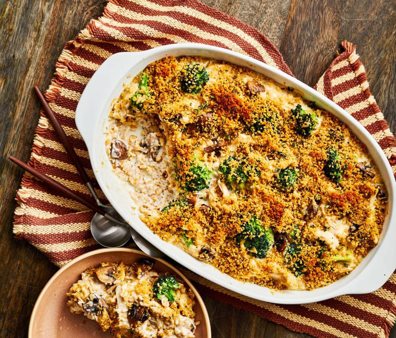Chicken-And-Rice Bake With Broccolini, Chicken-And-Biscuit Casserole, BLT Pain Perdu Casserole, Macaroni Corn Casserole, Hashbrown Casserole, Old-Fashioned Chicken Pot Pie, Pineapple Casserole, New-School Pineapple Casserole, Ham And Noodle Casserole, Layered Squash Casserole, Hot Chicken Salad, Mini Cheese Grits Casseroles, Stuffed Ham-And-Cheese Croissant Casserole, Shrimp And Grits Casserole, Baked Ziti With Summer Vegetables, Poppy Seed Chicken, Chicken-And-Wild Rice Casserole, Chocolate Cobbler, Cakey Strawberry Cobbler, Pumpkin Crisp, Asparagus Casserole, Roasted Tomato Macaroni And Cheese, Pasta-Chicken-Broccoli Bake, Eggplant Rollups, Loaded Cauliflower Casserole, Everything Bagel Casserole, Old-Fashioned Apple And Cheese Casserole, Mushroom And Thyme Chicken-Broccoli Casserole, Cheesy Chicken Casserole, Meatball Casserole