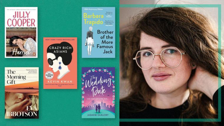 Brother of the More Famous Jack by Barbara Trapido, Crazy Rich Asians by Kevin Kwan, The Morning Gift by Eva Ibbotson, The Wedding Date by Jasmine Guillory, Harriet by Jilly Cooper