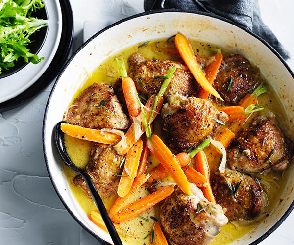 Gourmet Traveller’s best chicken tray bakes,          Cider-braised chicken with Brussels sprouts, apple and hazelnuts      ,          Baked chicken and rice with chilli and ginger dressing      ,          Chicken, carrot and orange tray bake with chive butter      ,          Pan-roasted chicken with artichokes and salad onion      ,          Leek, chorizo, cauliflower and chicken bake      ,          Harissa chicken with carrot, rice and quinoa pilaf      ,          Hawayej-spiced chicken thigh cutlets      ,          Roast chicken thighs with sourdough panzanella      ,          Roast chilli chicken with cauliflower and kale      ,          Chicken braised with cavolo nero and wine      ,          Tomato and pancetta roast chicken with green olives      