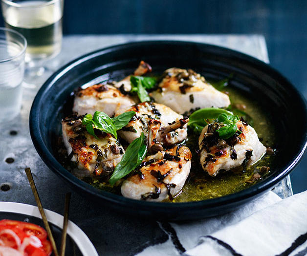 Gourmet Traveller’s best chicken tray bakes,          Cider-braised chicken with Brussels sprouts, apple and hazelnuts      ,          Baked chicken and rice with chilli and ginger dressing      ,          Chicken, carrot and orange tray bake with chive butter      ,          Pan-roasted chicken with artichokes and salad onion      ,          Leek, chorizo, cauliflower and chicken bake      ,          Harissa chicken with carrot, rice and quinoa pilaf      ,          Hawayej-spiced chicken thigh cutlets      ,          Roast chicken thighs with sourdough panzanella      ,          Roast chilli chicken with cauliflower and kale      ,          Chicken braised with cavolo nero and wine      ,          Tomato and pancetta roast chicken with green olives      