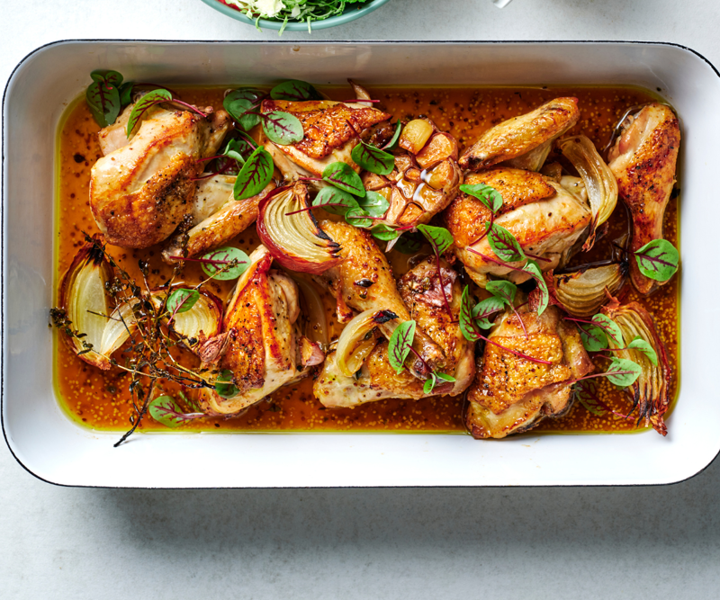 Gourmet Traveller’s best chicken tray bakes,          Cider-braised chicken with Brussels sprouts, apple and hazelnuts      ,          Baked chicken and rice with chilli and ginger dressing      ,          Chicken, carrot and orange tray bake with chive butter      ,          Pan-roasted chicken with artichokes and salad onion      ,          Leek, chorizo, cauliflower and chicken bake      ,          Harissa chicken with carrot, rice and quinoa pilaf      ,          Hawayej-spiced chicken thigh cutlets      ,          Roast chicken thighs with sourdough panzanella      ,          Roast chilli chicken with cauliflower and kale      ,          Chicken braised with cavolo nero and wine      ,          Tomato and pancetta roast chicken with green olives      