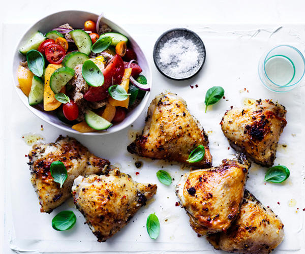          Sean Moran’s famous roast chicken with bread sauce      ,          Yoghurt roast chicken      ,          Roast chicken with preserved lemon and herbs      ,          Roasted harissa apricot chicken with almond and herb couscous      ,          Epocha’s roast chicken, braised Savoy cabbage, prune and butter sauce      ,          Za’atar roast chicken with pilaf, pomegranate and nuts      ,          Pan-roasted chicken with artichokes and salad onion      ,          Roast chicken thighs with sourdough panzanella      ,          Roast chicken with anchovy butter and greens      ,          Roast chicken with tarragon butter and Dutch carrots      ,          Matt Moran’s chicken roasted in spiced hay with lemon stuffing      ,          Nonna’s rice-stuffed chicken by Matteo Tine      ,          Paprika roast chicken with chorizo and white beans      