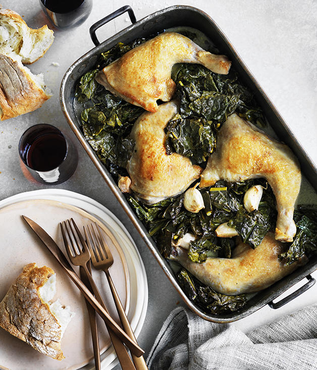 Gourmet Traveller’s best chicken tray bakes,          Cider-braised chicken with Brussels sprouts, apple and hazelnuts      ,          Baked chicken and rice with chilli and ginger dressing      ,          Chicken, carrot and orange tray bake with chive butter      ,          Pan-roasted chicken with artichokes and salad onion      ,          Leek, chorizo, cauliflower and chicken bake      ,          Harissa chicken with carrot, rice and quinoa pilaf      ,          Hawayej-spiced chicken thigh cutlets      ,          Roast chicken thighs with sourdough panzanella      ,          Roast chilli chicken with cauliflower and kale      ,          Chicken braised with cavolo nero and wine      ,          Tomato and pancetta roast chicken with green olives      