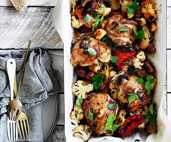 Gourmet Traveller’s best chicken tray bakes,          Cider-braised chicken with Brussels sprouts, apple and hazelnuts      ,          Baked chicken and rice with chilli and ginger dressing      ,          Chicken, carrot and orange tray bake with chive butter      ,          Pan-roasted chicken with artichokes and salad onion      ,          Leek, chorizo, cauliflower and chicken bake      ,          Harissa chicken with carrot, rice and quinoa pilaf      ,          Hawayej-spiced chicken thigh cutlets      ,          Roast chicken thighs with sourdough panzanella      ,          Roast chilli chicken with cauliflower and kale      ,          Chicken braised with cavolo nero and wine      ,          Tomato and pancetta roast chicken with green olives      