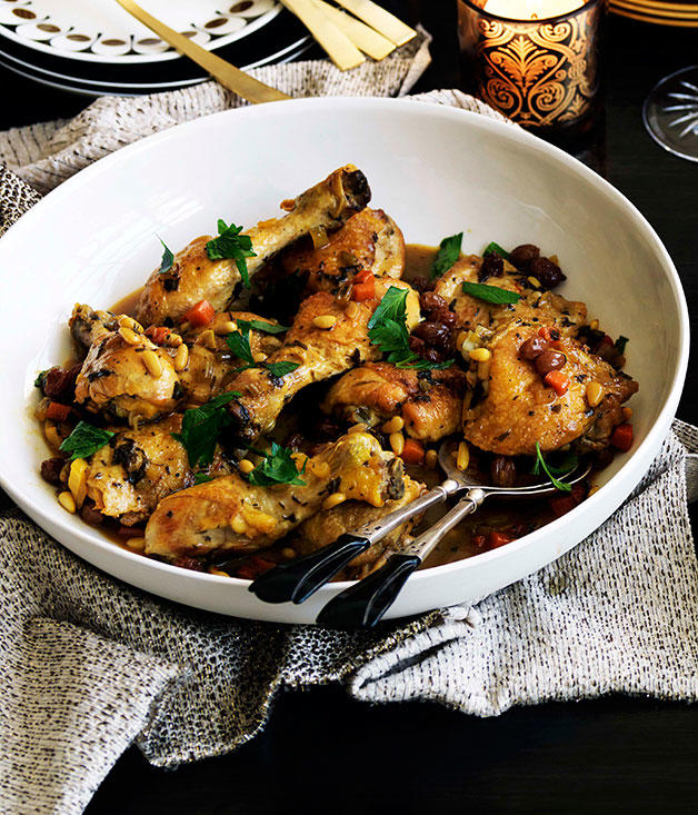 Gourmet Traveller’s best chicken tray bakes,          Cider-braised chicken with Brussels sprouts, apple and hazelnuts      ,          Baked chicken and rice with chilli and ginger dressing      ,          Chicken, carrot and orange tray bake with chive butter      ,          Pan-roasted chicken with artichokes and salad onion      ,          Leek, chorizo, cauliflower and chicken bake      ,          Harissa chicken with carrot, rice and quinoa pilaf      ,          Hawayej-spiced chicken thigh cutlets      ,          Roast chicken thighs with sourdough panzanella      ,          Roast chilli chicken with cauliflower and kale      ,          Chicken braised with cavolo nero and wine      ,          Tomato and pancetta roast chicken with green olives      