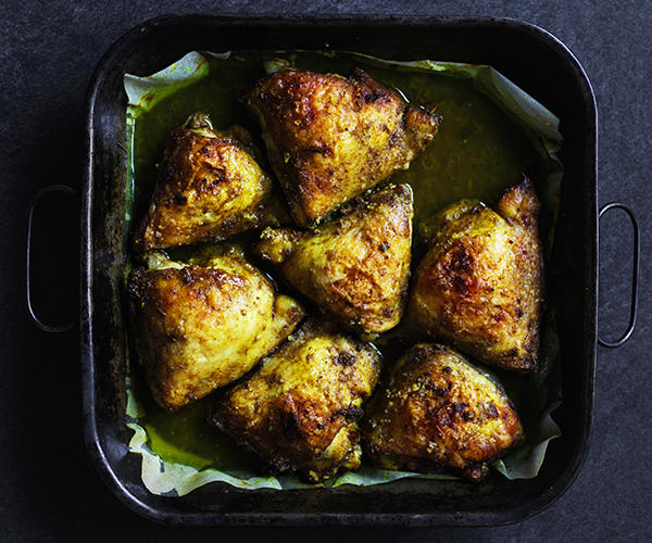 Gourmet Traveller’s best chicken tray bakes,          Cider-braised chicken with Brussels sprouts, apple and hazelnuts      ,          Baked chicken and rice with chilli and ginger dressing      ,          Chicken, carrot and orange tray bake with chive butter      ,          Pan-roasted chicken with artichokes and salad onion      ,          Leek, chorizo, cauliflower and chicken bake      ,          Harissa chicken with carrot, rice and quinoa pilaf      ,          Hawayej-spiced chicken thigh cutlets      ,          Roast chicken thighs with sourdough panzanella      ,          Roast chilli chicken with cauliflower and kale      ,          Chicken braised with cavolo nero and wine      ,          Tomato and pancetta roast chicken with green olives      