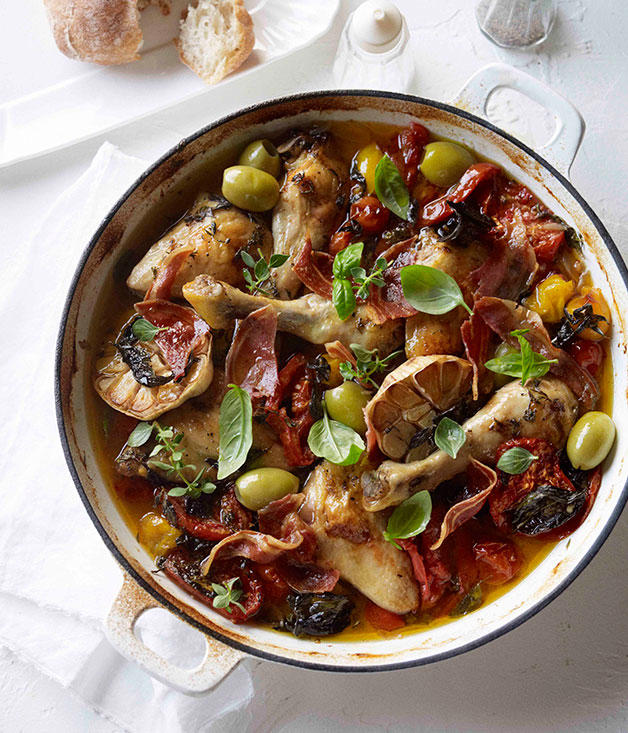 Gourmet Traveller’s best chicken tray bakes,          Cider-braised chicken with Brussels sprouts, apple and hazelnuts      ,          Baked chicken and rice with chilli and ginger dressing      ,          Chicken, carrot and orange tray bake with chive butter      ,          Pan-roasted chicken with artichokes and salad onion      ,          Leek, chorizo, cauliflower and chicken bake      ,          Harissa chicken with carrot, rice and quinoa pilaf      ,          Hawayej-spiced chicken thigh cutlets      ,          Roast chicken thighs with sourdough panzanella      ,          Roast chilli chicken with cauliflower and kale      ,          Chicken braised with cavolo nero and wine      ,          Tomato and pancetta roast chicken with green olives      