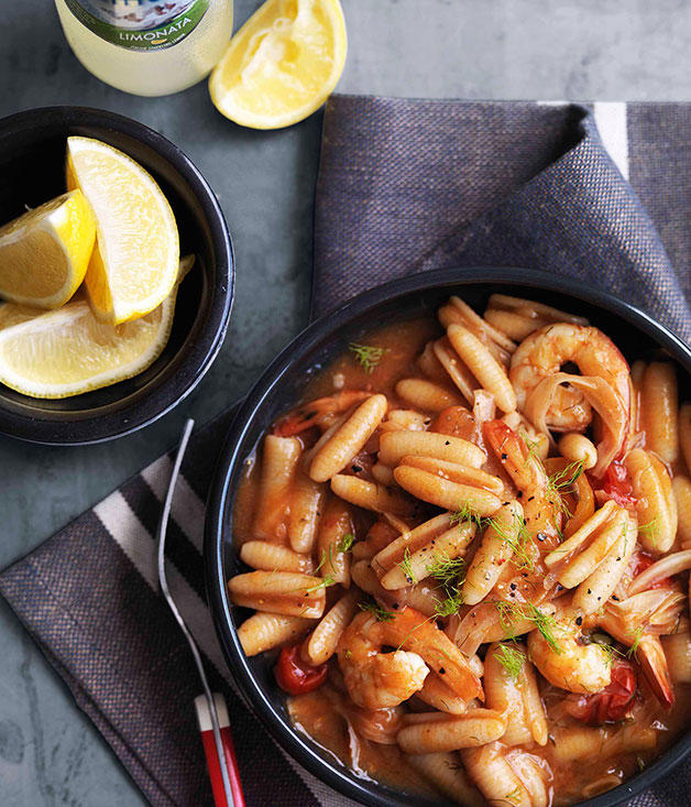 The best prawn pasta recipes, 2025,          Pendolino’s spaghetti con pesce d’acqua dolce (spaghetti with freshwater fish)      ,          Fried cavolo nero and peppered prawn gnocchi with pancetta      ,          Summer paccheri with prawns, tomato and pickled chilli      ,          Bucatini with prawn fra diavolo      ,          One Ford Street’s spelt maltagliati with tiger prawns and shellfish sauce      ,          Penne with prawns and fra diavolo sauce      ,          Mitch Orr’s squid-ink gnochetti Sardi with prawns and ’nduja      ,          Philipa Sibley’s spaghettini, prawns, charred corn, green chilli, black garlic      
