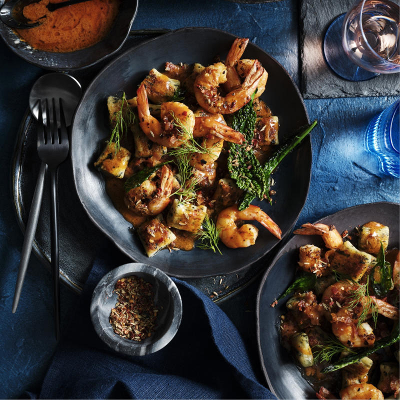 The best prawn pasta recipes, 2025,          Pendolino’s spaghetti con pesce d’acqua dolce (spaghetti with freshwater fish)      ,          Fried cavolo nero and peppered prawn gnocchi with pancetta      ,          Summer paccheri with prawns, tomato and pickled chilli      ,          Bucatini with prawn fra diavolo      ,          One Ford Street’s spelt maltagliati with tiger prawns and shellfish sauce      ,          Penne with prawns and fra diavolo sauce      ,          Mitch Orr’s squid-ink gnochetti Sardi with prawns and ’nduja      ,          Philipa Sibley’s spaghettini, prawns, charred corn, green chilli, black garlic      