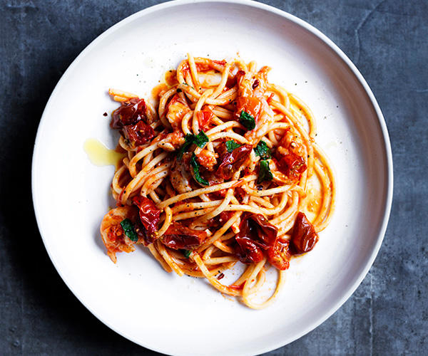 The best prawn pasta recipes, 2025,          Pendolino’s spaghetti con pesce d’acqua dolce (spaghetti with freshwater fish)      ,          Fried cavolo nero and peppered prawn gnocchi with pancetta      ,          Summer paccheri with prawns, tomato and pickled chilli      ,          Bucatini with prawn fra diavolo      ,          One Ford Street’s spelt maltagliati with tiger prawns and shellfish sauce      ,          Penne with prawns and fra diavolo sauce      ,          Mitch Orr’s squid-ink gnochetti Sardi with prawns and ’nduja      ,          Philipa Sibley’s spaghettini, prawns, charred corn, green chilli, black garlic      