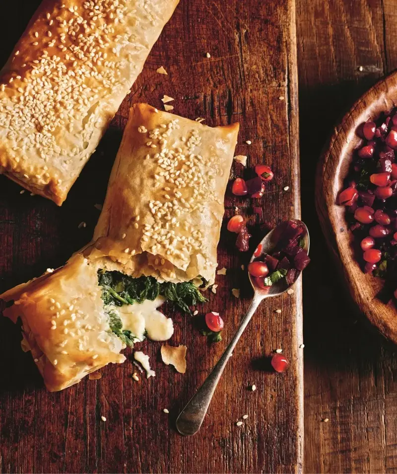 CULINARY CURIOSITY, BUSIER THAN USUAL, CAMEMBERT &amp; SPINACH FILO PASTRY SLICES WITH A BEETROOT &amp; POMEGRANATE SALPICON, APPLE &amp; MINCEMEAT STRUDEL, MINI BRIOCHE TOASTS WITH WHIPPED FETA, FRESH FIGS