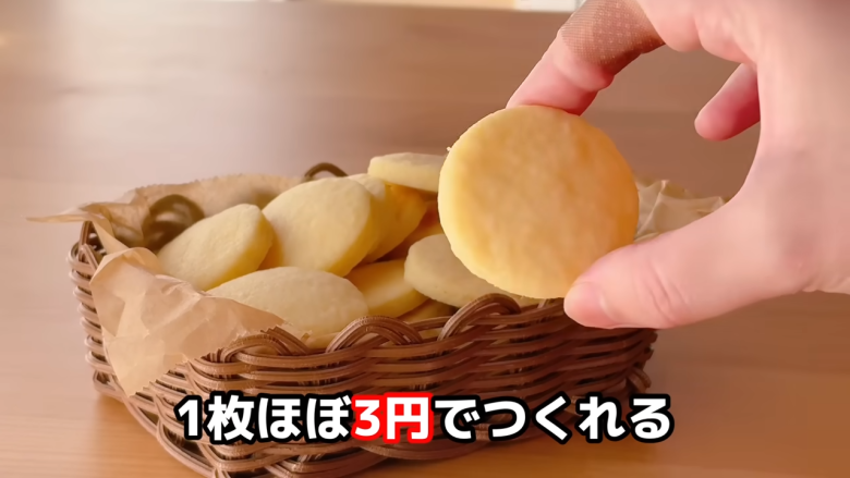 ・材料（クッキー約23～25枚分）, 1．ボウルに卵黄・砂糖・油を入れてよく混ぜる, 2．ホットケーキミックスを加えてゴムベラで混ぜる, 3．牛乳を加え、生地をまとめる, 4．耐熱皿にピンと張るようにラップをかける, 5．生地を形成する, 6．電子レンジで生地を焼く