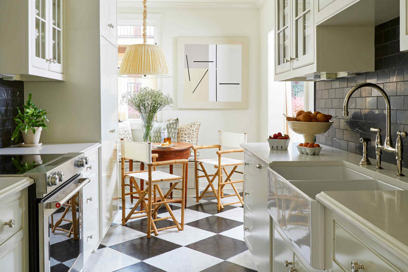 Wallpaper, Dark Wood Furniture and Cabinetry, Dark Wood Floors, Checkerboard Tile Floors, Closed Floor Plans, Upholstery Details, Colored Sinks and Bathtubs, Oil-Rubbed Bronze