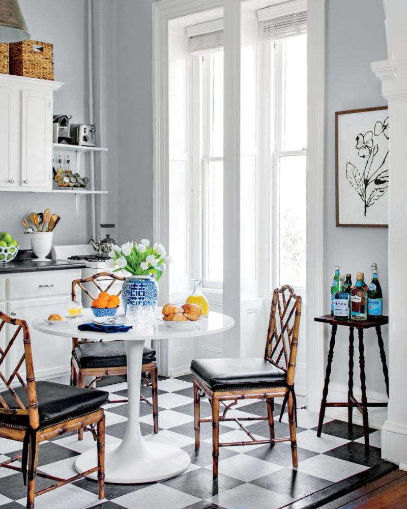 Wallpaper, Dark Wood Furniture and Cabinetry, Dark Wood Floors, Checkerboard Tile Floors, Closed Floor Plans, Upholstery Details, Colored Sinks and Bathtubs, Oil-Rubbed Bronze