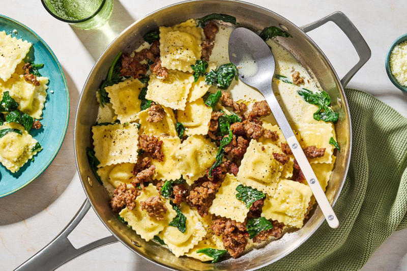 Enchilada Skillet, Italian Pasta Salad, Crispy Chicken With Zucchini and Shallots, 3-Ingredient Dumpling Salad, Turkey Taco Bowls, Creamy One Pot Pasta with Zucchini, 5-Ingredient One-Pot Chicken and Rice, Dolma and Ground Beef Skillet, Easy Lasagna Soup, 4-Ingredient Chicken Pot Pie, Feta and Tomato-Stuffed Spaghetti Squash, Tomato-Spinach White Beans, One-Pan Ravioli With Sausage, Lemony Zucchini Pasta, 5-Ingredient Braised Cabbage “Lasagna”, Italian Sausage and Rice Bake, 5-Ingredient Chicken and Rice Soup, One-Pot Caprese Orzo, Sausage White Bean Soup, Sheet Pan Salmon and Broccolini