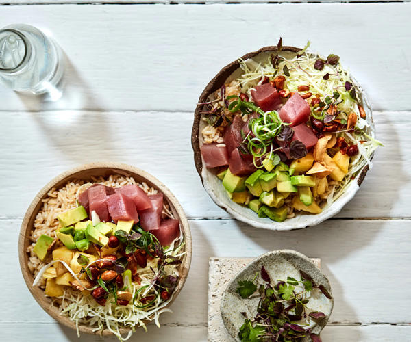 What is a poke bowl?, Components of a tasty poke bowl, GT’s recommendations:, 16 easy poke bowl recipes to try at home ,          Kombu-cured kingfish poke bowl      ,          Scallop poke with pickled ginger dressing      ,          Avocado and tuna brown rice bowl      ,          Tofu poke bowl with pickled carrot      ,          Rice bowls with matcha and roast trout      ,          Tuna K-poke      ,          Spicy prawn and pineapple poke      ,          Green bomb snapper poke      ,          Ocean trout poke on matcha rice      ,          Marlin and tuna poke with fried rice      ,          Miso-cured salmon bowls with green-tea noodles      