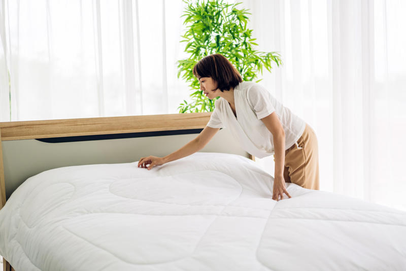 シーツの中に潜むもの, 平均的な習慣とのギャップ, 病気回復後の予防, アレルギーと喘息, メンタルヘルスの改善, バクテリアが増殖するスピード, 枕カバーは特に要注意, 二人用ベッドは特に要注意, 適切な生地を選ぶ, 洗濯時の水の温度, 敏感肌のための洗剤, マットレスを守る, 予備のシーツ一式, 掛け布団のカバー, エネルギーと環境保護のバランス, 無視すべき洗濯の誤情報, きれいなシーツで眠る習慣, 生活に取り入れたい習慣