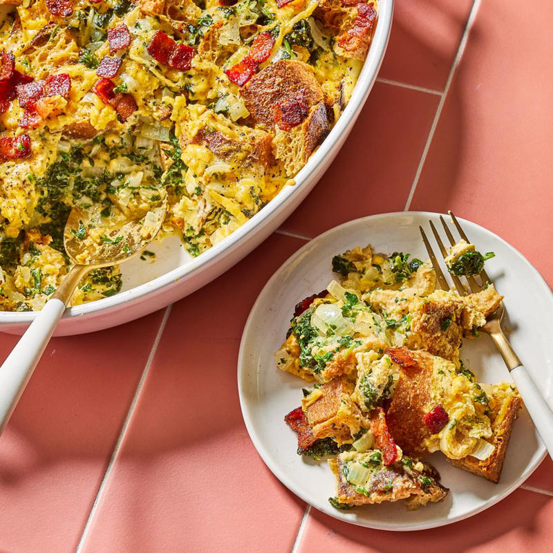 High-Protein Breakfast Casserole, Overnight French Toast Casserole, Spinach & Feta English Muffin Breakfast Casserole, Tater Tot Breakfast Casserole, Peanut Butter-Banana French Toast Casserole, Bacon, Cheddar & Spinach Strata, Spinach, Feta & Artichoke Tater Tot Casserole, Ham & Broccoli Breakfast Casserole, Spinach, Mushroom & Egg Casserole, Lemon-Blueberry French Toast Casserole, Eggs Benedict Casserole, Vegetarian Spring Egg Casserole, Christmas Breakfast Casserole, Sweet Pepper Hash Brown Baked Eggs, Blueberry-Almond Overnight French Toast