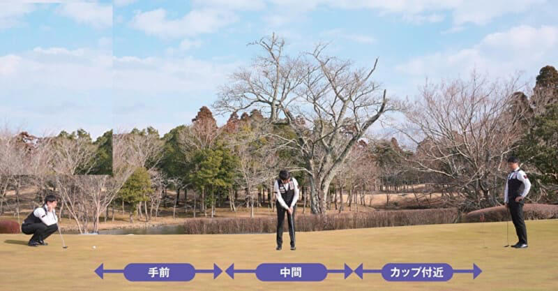 ラウンド中のパッティングはず～っと“寄る”“入れる”のバランス調整が試されている, 「3パットを減らす」と「1パットを増やす」でやるべきことは真逆になる, “寄せる”の割合が半分を超えたら"入れる”の気持ちはゼロでいい, 長い距離は切れる！曲がり幅を盛って読む, ロングパットはほぼスネークライン3分割して読む, ショートパットと同じアドレスで打つのがミスの原因, ロングパットで”芯に当たりやすくなる”アレンジ法, ボール位置、前傾角セットアップに気を配る