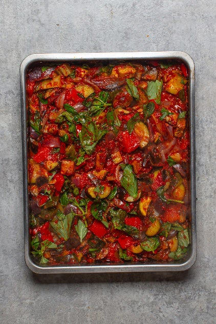 Veggie three bean chilli, Tadka daal with spinach, Slow-roast ratatouille, Pizza meatball traybake, Mushroom stronganoff, Moroccan chickpea and vegetable stew