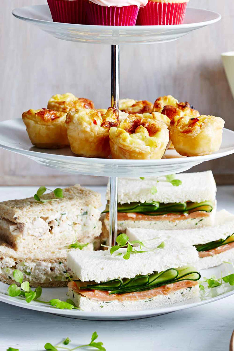 Sausage roll wreath with oozy camembert, Prawn, avocado and sesame bites, Sticky jerk lamb skewers, Pigs in blankets, Salmon croustades, Beef, fig and pistachio sausage pies, Lime and lemongrass barbecue prawn skewers, Arancini, Spinach, feta and lemon pasties, Popcorn chicken with aioli, Olive and goat’s cheese bites, Scrumptious grissini sticks , Cheese croquettes, Lamb, macadamia and mint sausage rolls, Caramelised onion tarts, Pork and cranberry-glazed meatball skewers, Rare roast beef canapes with horseradish cream, Quick and easy finger sandwiches, Cob dip wreath, Cheat’s mini quiches, Bang-Bang prawns with sweet chilli mayo, Easy peach and bocconcini flatbreads, Baked brie pull-apart cob loaf, Prawn cocktail sliders, Sticky-sweet air-fried cherry tomato crostini