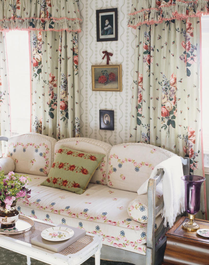 Hand-Painted Stencils, Dusty Pastels, Feathered Friends, More-is-More Window Treatments , Terracotta Floors , Eyelet Lace, Bed Skirts, Laura Ashley Everything