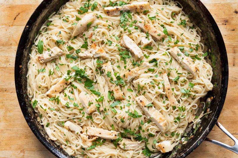 Quick Chicken Pho, Cheesy Baked Tacos, 15-Minute Dumplings with Peanut-Chili Sauce, Chicken Scampi with Angel Hair Pasta, Cauliflower Rice Bowl with Garlic Shrimp, Loaf Pan Lasagna, Smoked Salmon Pasta, Veggie Tacos, Pasta with Tuna and Capers in White Wine Sauce, Stracciatella alla Romana, Chicken Carbonara, Chinese Tomato Egg Stir Fry, Broccoli Cheddar Creamy Beans, Broccoli Pesto Pasta, Dumpling Bake, Classic Patty Melt, Midnight Pasta, Shrimp Risotto, Angel Hair Pasta with Clams, Cherry Tomatoes, and Basil, Easy Pork Bánh Mì, Creamy Cavatappi