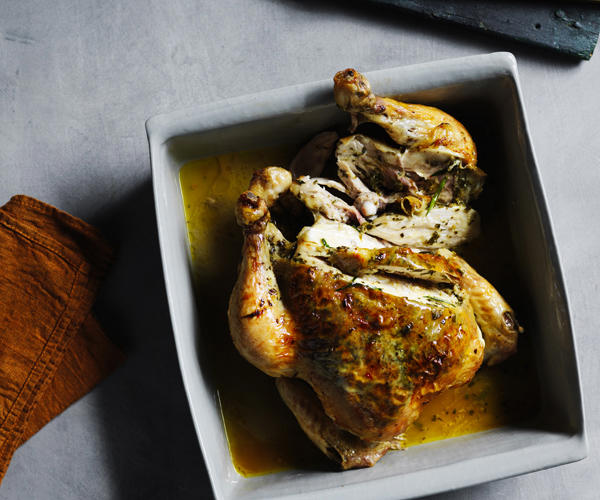          Sean Moran’s famous roast chicken with bread sauce      ,          Yoghurt roast chicken      ,          Roast chicken with preserved lemon and herbs      ,          Roasted harissa apricot chicken with almond and herb couscous      ,          Epocha’s roast chicken, braised Savoy cabbage, prune and butter sauce      ,          Za’atar roast chicken with pilaf, pomegranate and nuts      ,          Pan-roasted chicken with artichokes and salad onion      ,          Roast chicken thighs with sourdough panzanella      ,          Roast chicken with anchovy butter and greens      ,          Roast chicken with tarragon butter and Dutch carrots      ,          Matt Moran’s chicken roasted in spiced hay with lemon stuffing      ,          Nonna’s rice-stuffed chicken by Matteo Tine      ,          Paprika roast chicken with chorizo and white beans      
