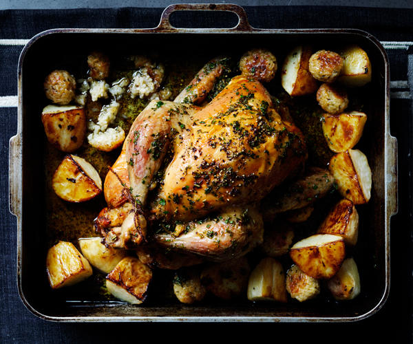          Sean Moran’s famous roast chicken with bread sauce      ,          Yoghurt roast chicken      ,          Roast chicken with preserved lemon and herbs      ,          Roasted harissa apricot chicken with almond and herb couscous      ,          Epocha’s roast chicken, braised Savoy cabbage, prune and butter sauce      ,          Za’atar roast chicken with pilaf, pomegranate and nuts      ,          Pan-roasted chicken with artichokes and salad onion      ,          Roast chicken thighs with sourdough panzanella      ,          Roast chicken with anchovy butter and greens      ,          Roast chicken with tarragon butter and Dutch carrots      ,          Matt Moran’s chicken roasted in spiced hay with lemon stuffing      ,          Nonna’s rice-stuffed chicken by Matteo Tine      ,          Paprika roast chicken with chorizo and white beans      
