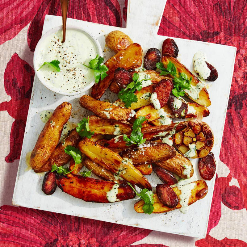 Chicken & potato salad with zesty yogurt dressing , Crispy potato salad with aioli , Spicy potato salad , Zesty yoghurt potato salad with salmon , Loaded potato salad , Prosciutto and potato salad , Quick and easy potato salad , Warm potato and broad bean salad with bacon and feta , Warm potato and chorizo salad , Warm potato and kumara salad , Barbecued potato salad with artichoke hearts in creamy mustard dressing , Chicken and potato salad , German hot potato salad , Lemon, garlic and chilli potato salad , Hayden Quinn’s Jax’s herby potato salad , Potato, tuna and egg salad , Warm potato, prawn and scallop salad , Beef, beetroot and potato salad , Warm potato and smoked trout salad , Caesar-style potato salad , Basil pesto potato salad , Potato salad with herbed cream , Warm beetroot, egg and potato salad , Balsamic potato salad , Warm kipfler potato salad , Potato, fennel and caper salad , Potato salad with green olives and dill , Potato, bean and tomato salad , Roasted salmon and warm potato salad , Potato and egg salad