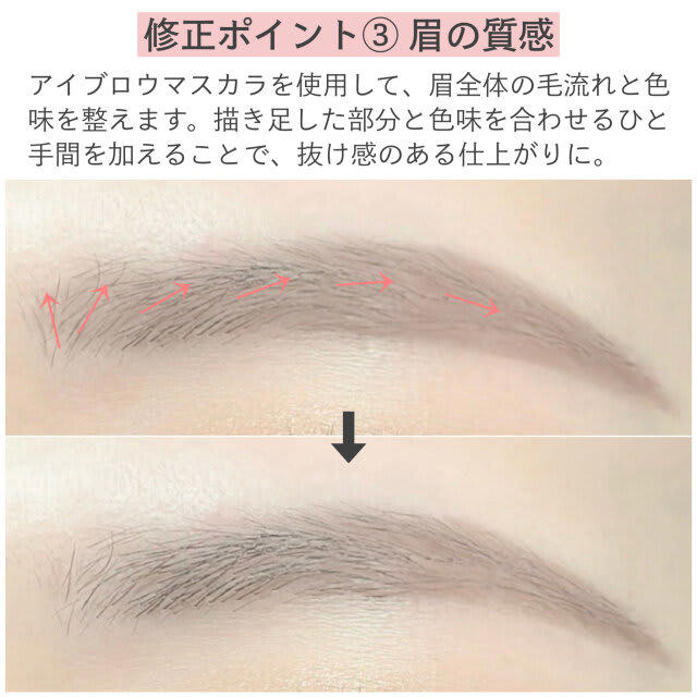修正ポイント①眉の形, 修正ポイント②眉の色味 , 修正ポイント③眉の質感 , 完成したメイクと使用アイテム 