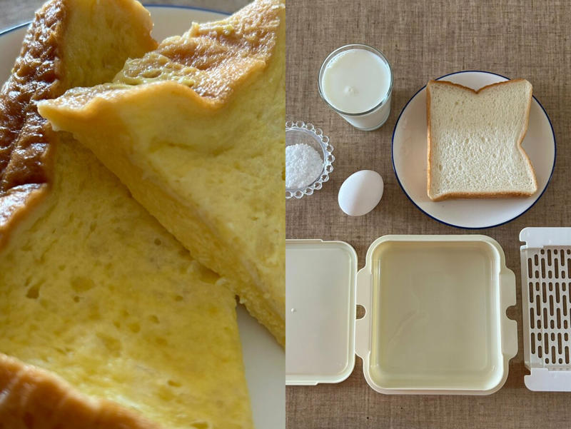 レンジでつくれる「フレンチトーストメーカー」, しっとりとろけるフレンチトーストのつくり方, しっとりなめらかなフレンチトーストが完成！, こんがり派はフライパンも使ってみて, いろいろな食感を楽しめる！