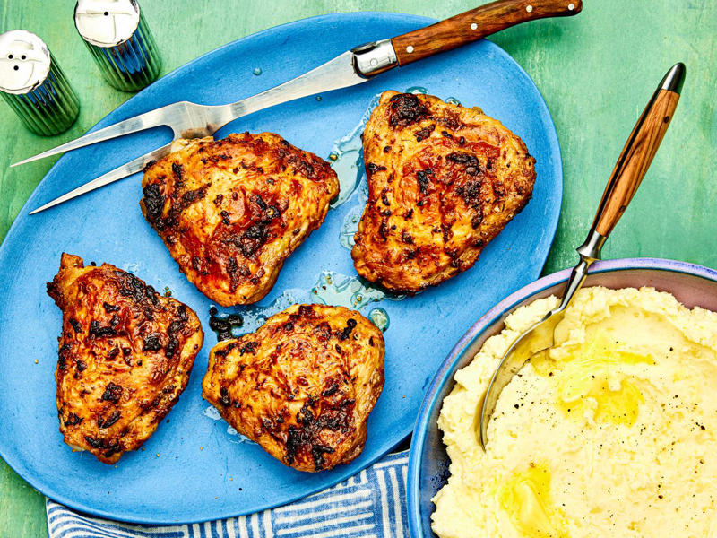 Lazy Roast Chicken (the Cold-Start Way), Easy Chicken Paprikash, Roasted Bone-In Chicken Breast, Juicy Grilled Boneless Chicken Breasts, Soy and Sesame Chicken Thighs With Pan Gravy, Five-Minute Grilled Chicken Cutlet, Five-Ingredient Fried Chicken Sandwich, Air-Fryer Chicken Thighs, Greek-Style Grilled Chicken With Oregano, Garlic, Lemon, and Olive Oil, Colombian Chicken Stew With Potatoes, Tomato, and Onion Recipe