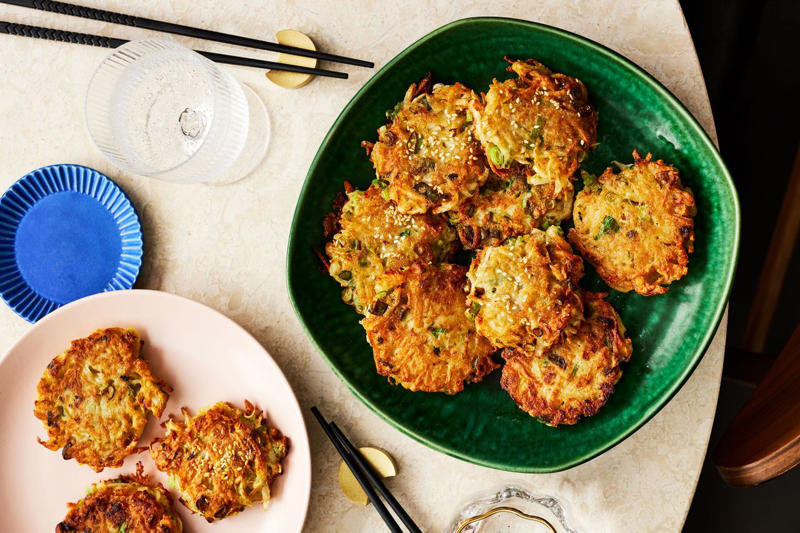 Best-Ever Potato Latkes, Potato Pancakes, Scallion Potato Pancakes, Latke Breakfast Hash, Savory Latke Babka, Killer Potato Latkes, Kate's Supercrispy Potato Latkes, Potato Pancakes with Smoked Salmon, Caviar, and Dill Cream, Scallops with Potato Pancakes and Caviar Sauce, Celery Root–Potato Pancakes with Green Apple Sour Cream, Crispy Summer Squash Pancakes