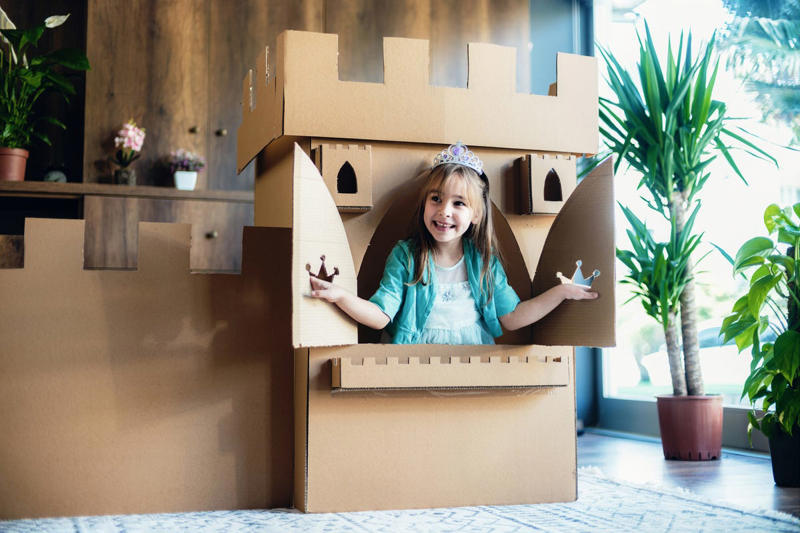 22) Create a Cardboard Castle 1) Build a blanket fort, 2) Play hide and seek, 5) Film a movie, 6) Picnic in the living room, 8) Make jewelry, 12) Write Thank You notes, 15) Sing out out loud, 18) Hold an experiment, 21) Bring hopscotch indoors, 22) Create a Cardboard Castle