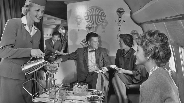 Air Union served the world's first full-course in-flight meal., Pan Am's first-class menu was catered by Maxim's Paris., Pan Am's economy-class meal was equally impressive., Air France served a distinctly stylish French dinner., Northwest Orent Airlines served their dinner with complimentary cigarettes., Pam Am's breakfast menu was simple but fresh., Trans World Airline offered international-themed flights., United served steak and lobster on domestic flights., Japan Airlines charged 25 cents for beer and sake., Pan Am served a full Christmas dinner in the 1980s.