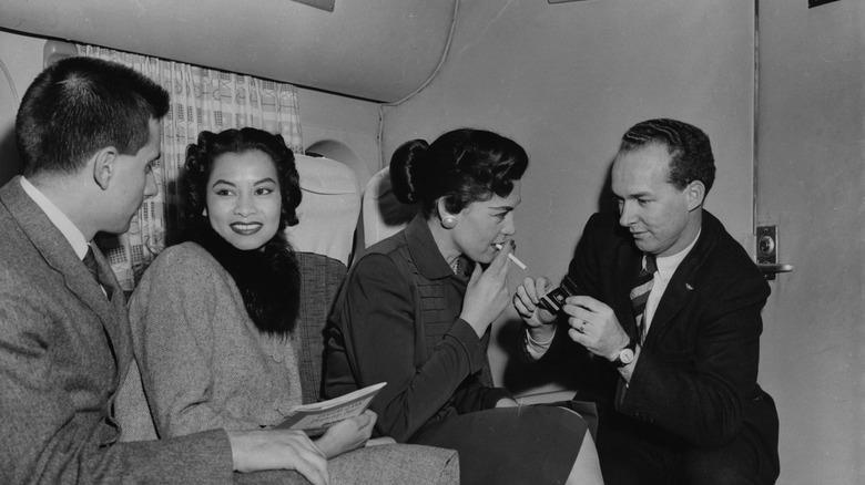 Air Union served the world's first full-course in-flight meal., Pan Am's first-class menu was catered by Maxim's Paris., Pan Am's economy-class meal was equally impressive., Air France served a distinctly stylish French dinner., Northwest Orent Airlines served their dinner with complimentary cigarettes., Pam Am's breakfast menu was simple but fresh., Trans World Airline offered international-themed flights., United served steak and lobster on domestic flights., Japan Airlines charged 25 cents for beer and sake., Pan Am served a full Christmas dinner in the 1980s.