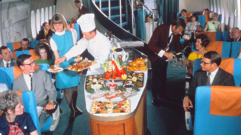 Air Union served the world's first full-course in-flight meal., Pan Am's first-class menu was catered by Maxim's Paris., Pan Am's economy-class meal was equally impressive., Air France served a distinctly stylish French dinner., Northwest Orent Airlines served their dinner with complimentary cigarettes., Pam Am's breakfast menu was simple but fresh., Trans World Airline offered international-themed flights., United served steak and lobster on domestic flights., Japan Airlines charged 25 cents for beer and sake., Pan Am served a full Christmas dinner in the 1980s.