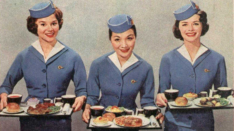 Air Union served the world's first full-course in-flight meal., Pan Am's first-class menu was catered by Maxim's Paris., Pan Am's economy-class meal was equally impressive., Air France served a distinctly stylish French dinner., Northwest Orent Airlines served their dinner with complimentary cigarettes., Pam Am's breakfast menu was simple but fresh., Trans World Airline offered international-themed flights., United served steak and lobster on domestic flights., Japan Airlines charged 25 cents for beer and sake., Pan Am served a full Christmas dinner in the 1980s.