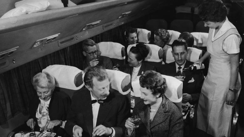 Air Union served the world's first full-course in-flight meal., Pan Am's first-class menu was catered by Maxim's Paris., Pan Am's economy-class meal was equally impressive., Air France served a distinctly stylish French dinner., Northwest Orent Airlines served their dinner with complimentary cigarettes., Pam Am's breakfast menu was simple but fresh., Trans World Airline offered international-themed flights., United served steak and lobster on domestic flights., Japan Airlines charged 25 cents for beer and sake., Pan Am served a full Christmas dinner in the 1980s.