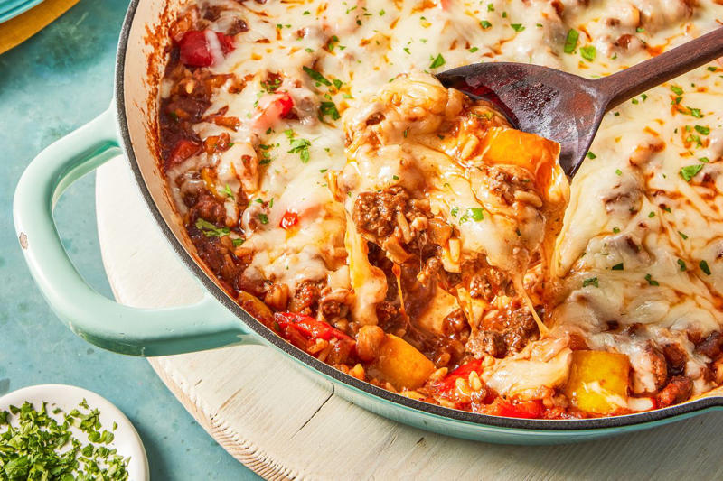 Chicken Marengo, Sheet Pan Pierogi With Sausage, Sheet Pan Biftekia with Lemony Potato Wedges, One-Pan Baked Penne alla Vodka, One-Pot Spiced Lentils, One-Pot Taco Pasta, One Pot Chicken and Orzo, One-Pot Chicken and Rice, One-Pot Sausage and Orzo, One-Pan Tortellini Bake, Maple Glazed Chicken and Squash, Sheet Pan Fried Rice, Easy Chicken Fricassee, Sheet Pan Sausage, Peppers, and Onions, Chicken Vesuvio, Unstuffed Peppers, Sheet Pan Chicken and Broccoli, One-Pot Stovetop Mac and Cheese, Honey Roasted Chicken Thighs with Potatoes, Apples, and Shallots, Sheet Pan Mini Meatloaves with Crispy Broccoli and Mustard Glazed Potatoes