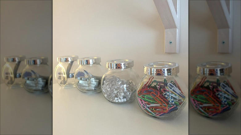 Plant propagators, Homemade sprinkle jars, Small vases, Terrariums, Office supply receptacles, Single-serve salad dressing containers, Art supply holders, Toothpick holders, Pill boxes, Proprietary spice blend jars, Toiletry holders, Travel kits, Fly traps, Spell bottles, Lunchbox parmesan shakers, Fairy houses