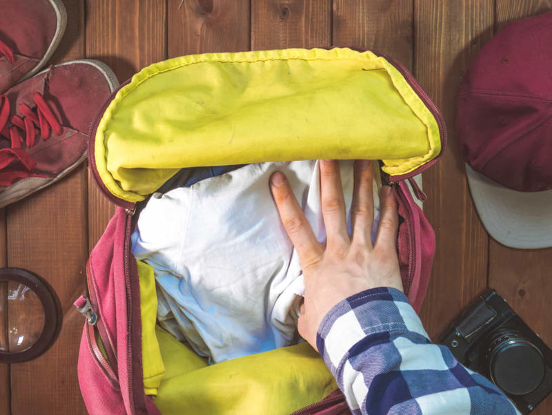 Passport, Underwear, Water bottle, Medicines, Travel guide/phrase book, Backpack rain cover, Running shoes, Sandals/flip-flops, Swimming goggles, Flashlight, Emergency whistle, Sunglasses, Thermal flask and cup, Cheap backup cell phone, Glasses/contact lenses/contact lens cleaner, Board shorts, Razor/beard trimmer, Ear buds, Eye mask, Sunscreen, Trekking poles, Toothbrush, Toothpaste, Gloves/hat/scarf, First aid kit, GPS or map, Moisturizer, Shampoo/conditioner, Deodorant, Body wash, Camera charger/memory card, Painkillers, Hairbrush/comb/hair gel/spray, Energy snacks, Sleeping bag liner, Raincoat, Phone charger/portable phone charger, Adaptors, Box of matches, All-purpose knife, Fanny pack/bum bag, Lip balm, Nail clippers, Postcards, Ball of string, Going out shoes, Evening wear, Walking shoes, Underwater camera