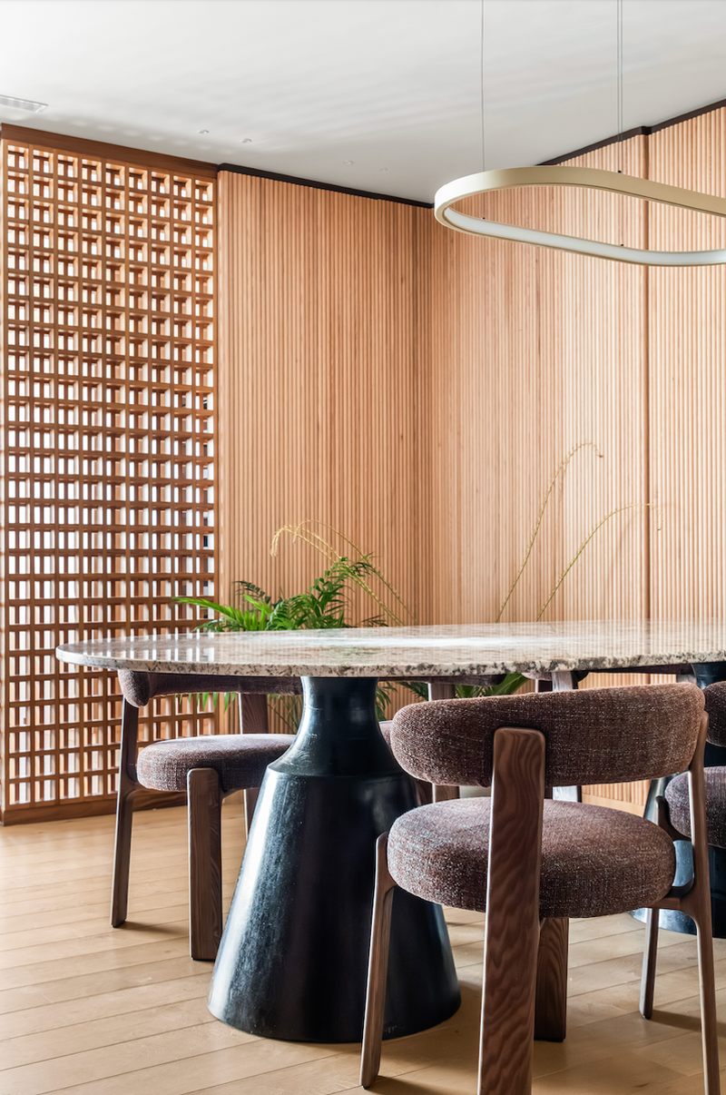 Reflective Ceilings, Darker Woods, Sculptural Stone Tables, Murals for All, Vintage Chandeliers, Traditional Chair Profiles, Conversation-Worthy Art, Early '90s Geometry 